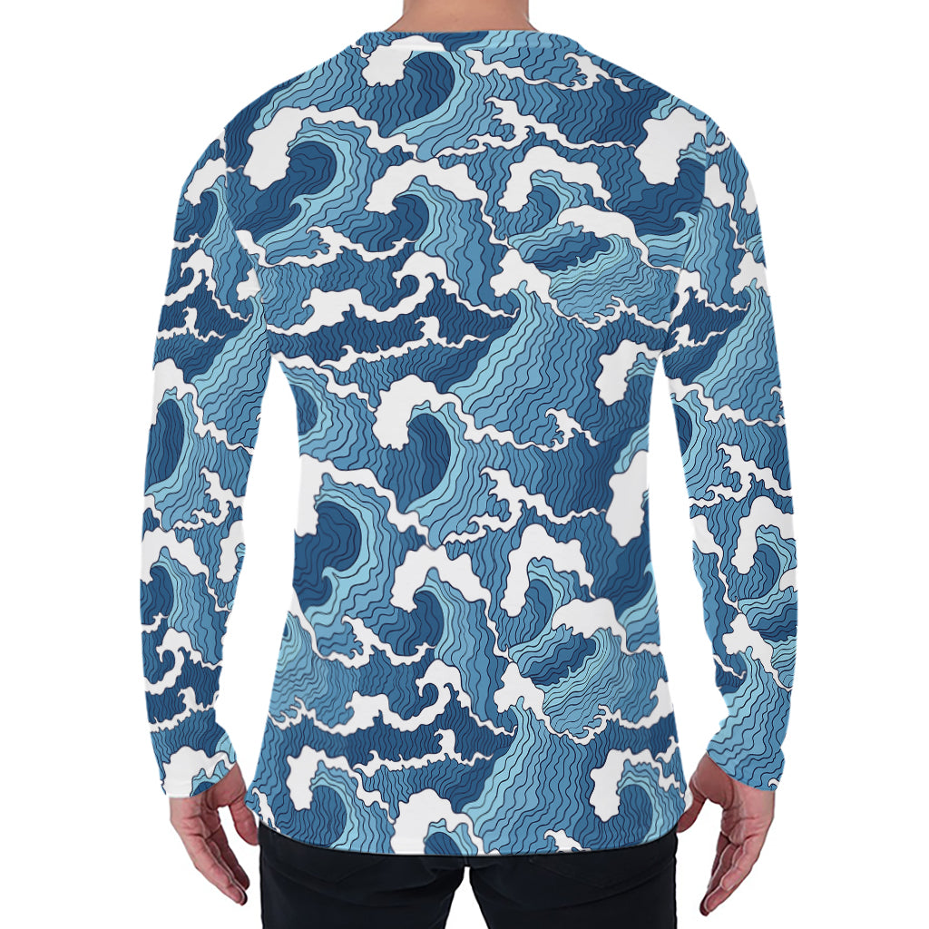 Blue Japanese Wave Pattern Print Men's Long Sleeve T-Shirt
