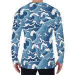 Blue Japanese Wave Pattern Print Men's Long Sleeve T-Shirt