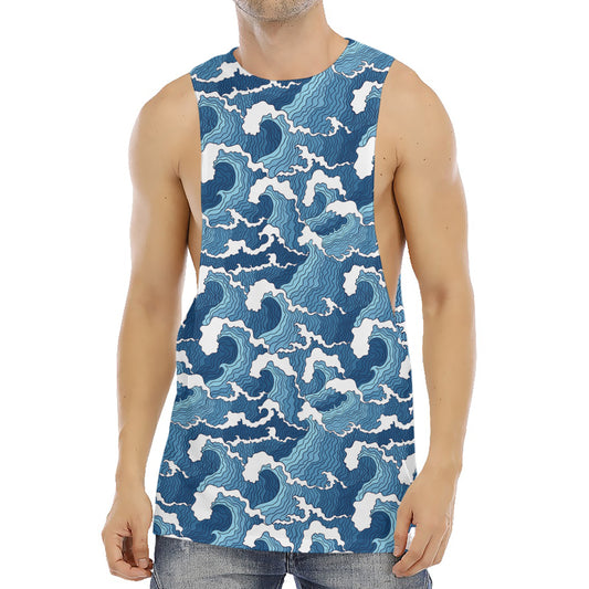 Blue Japanese Wave Pattern Print Men's Muscle Tank Top