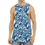 Blue Japanese Wave Pattern Print Men's Muscle Tank Top