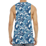 Blue Japanese Wave Pattern Print Men's Muscle Tank Top