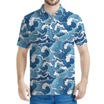 Blue Japanese Wave Pattern Print Men's Polo Shirt
