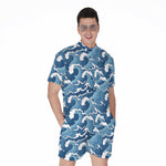 Blue Japanese Wave Pattern Print Men's Rompers