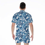 Blue Japanese Wave Pattern Print Men's Rompers