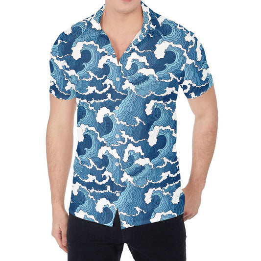 Blue Japanese Wave Pattern Print Men's Shirt