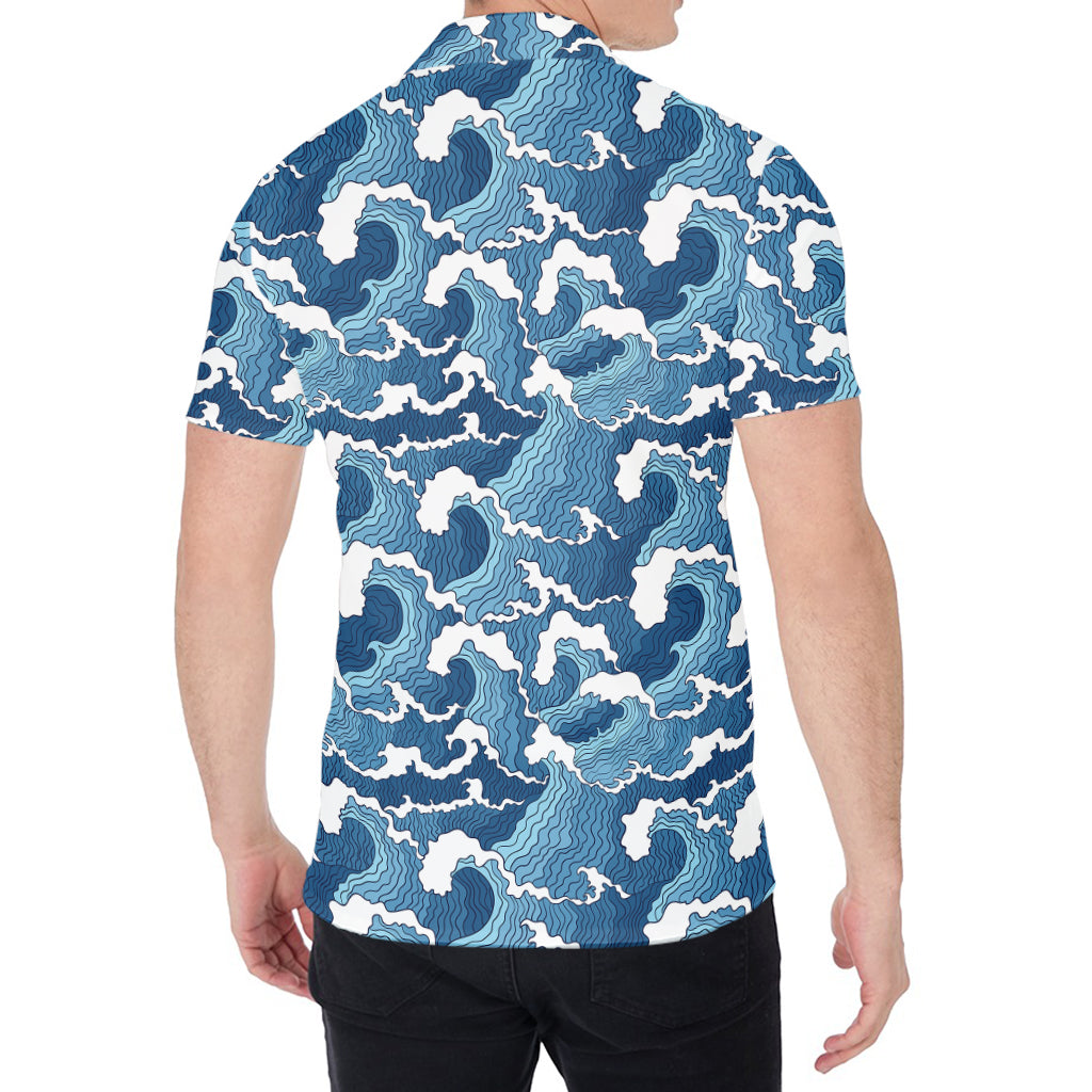 Blue Japanese Wave Pattern Print Men's Shirt