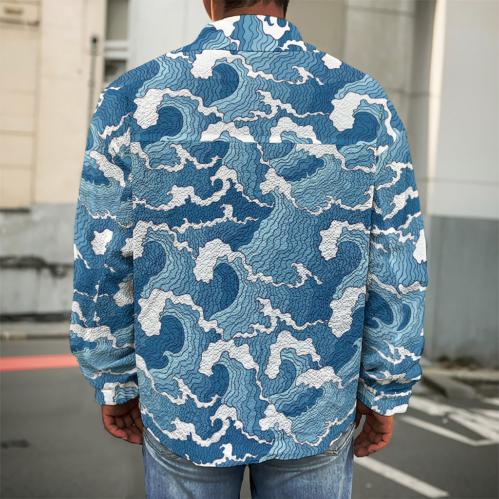 Blue Japanese Wave Pattern Print Men's Shirt Jacket