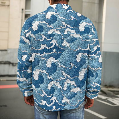 Blue Japanese Wave Pattern Print Men's Shirt Jacket