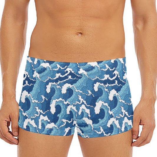 Blue Japanese Wave Pattern Print Men's Short Boxer Briefs