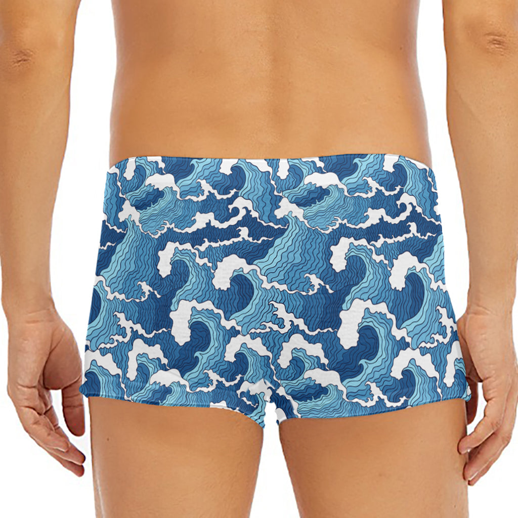 Blue Japanese Wave Pattern Print Men's Short Boxer Briefs