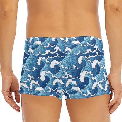 Blue Japanese Wave Pattern Print Men's Short Boxer Briefs