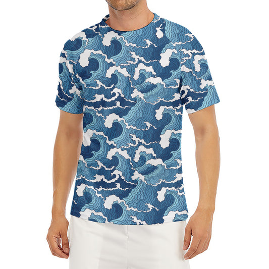 Blue Japanese Wave Pattern Print Men's Short Sleeve Rash Guard