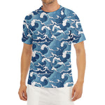 Blue Japanese Wave Pattern Print Men's Short Sleeve Rash Guard