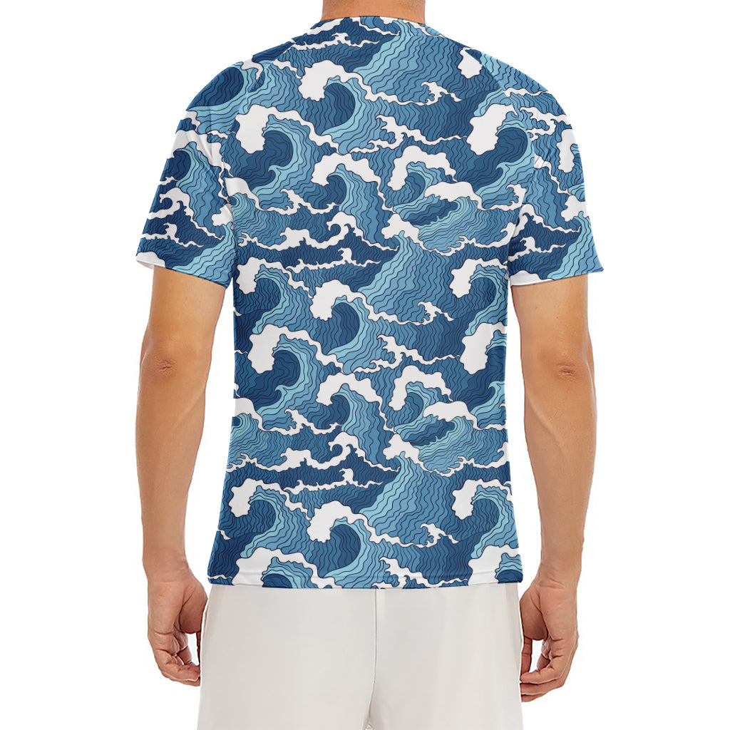 Blue Japanese Wave Pattern Print Men's Short Sleeve Rash Guard