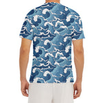 Blue Japanese Wave Pattern Print Men's Short Sleeve Rash Guard