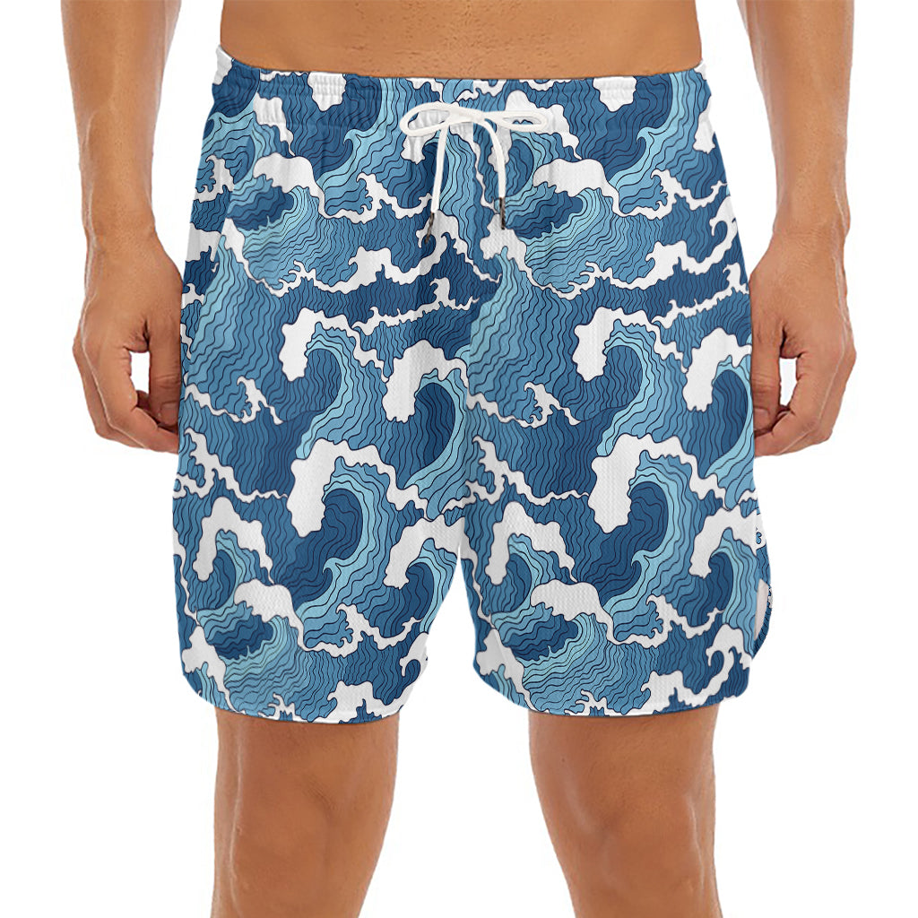 Blue Japanese Wave Pattern Print Men's Split Running Shorts