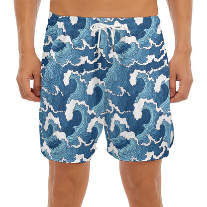 Blue Japanese Wave Pattern Print Men's Split Running Shorts