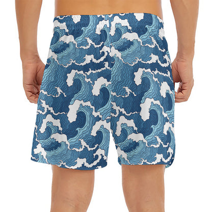 Blue Japanese Wave Pattern Print Men's Split Running Shorts