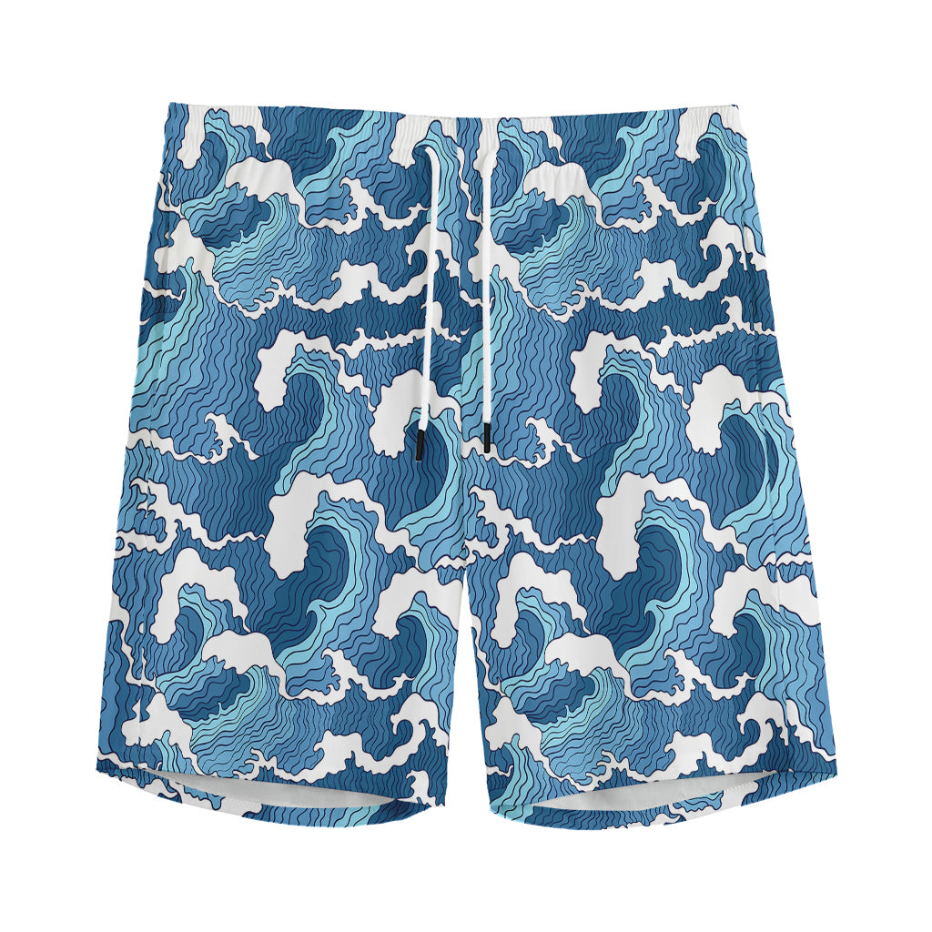 Blue Japanese Wave Pattern Print Men's Sports Shorts
