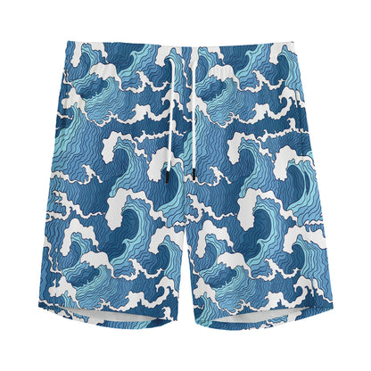 Blue Japanese Wave Pattern Print Men's Sports Shorts