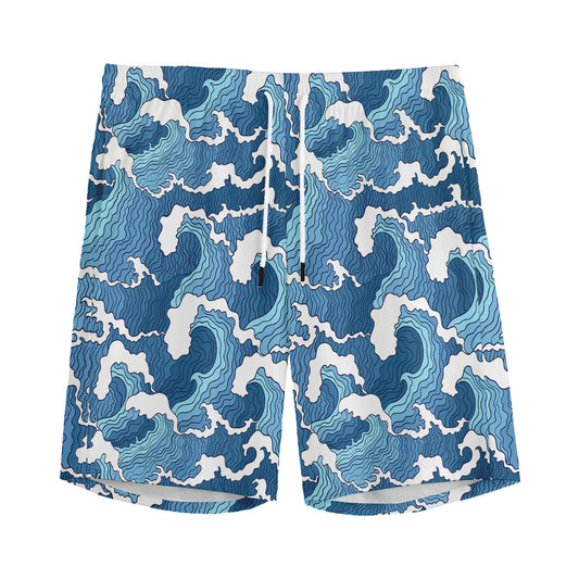 Blue Japanese Wave Pattern Print Men's Sports Shorts