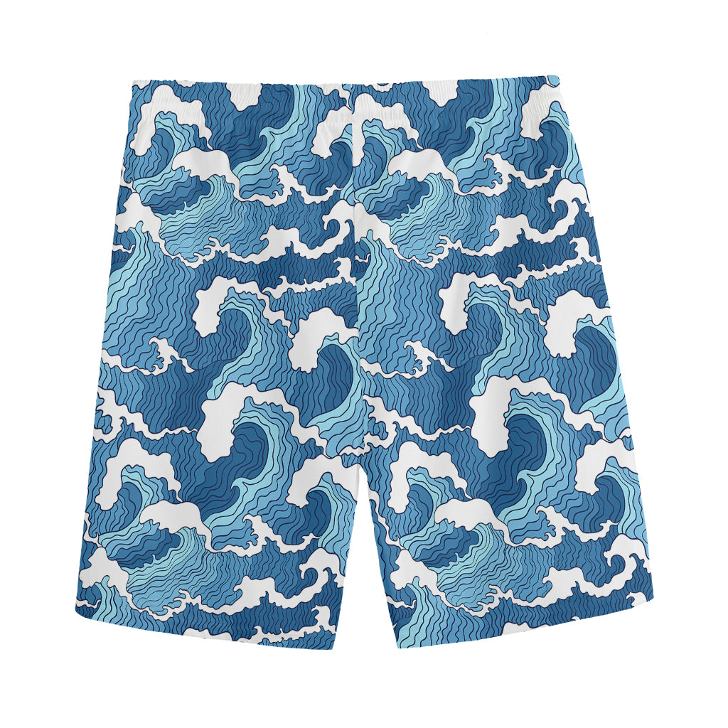 Blue Japanese Wave Pattern Print Men's Sports Shorts