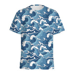Blue Japanese Wave Pattern Print Men's Sports T-Shirt