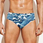Blue Japanese Wave Pattern Print Men's Swim Briefs