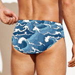 Blue Japanese Wave Pattern Print Men's Swim Briefs