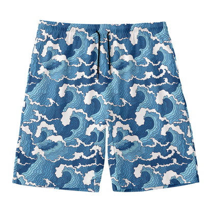 Blue Japanese Wave Pattern Print Men's Swim Trunks