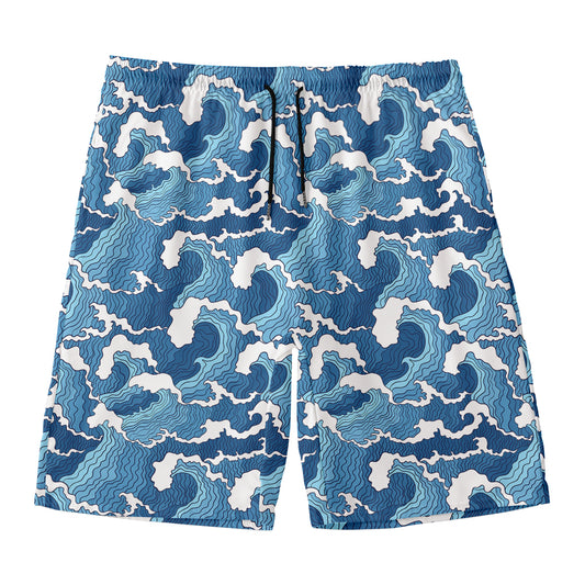 Blue Japanese Wave Pattern Print Men's Swim Trunks