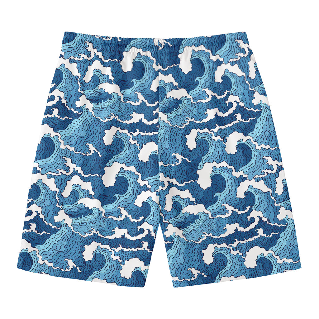 Blue Japanese Wave Pattern Print Men's Swim Trunks
