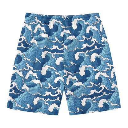 Blue Japanese Wave Pattern Print Men's Swim Trunks