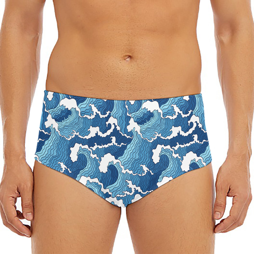 Blue Japanese Wave Pattern Print Men's Triangle Swim Briefs