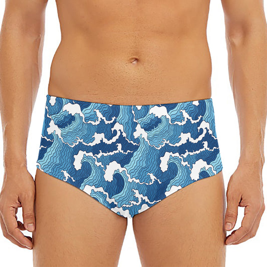 Blue Japanese Wave Pattern Print Men's Triangle Swim Briefs