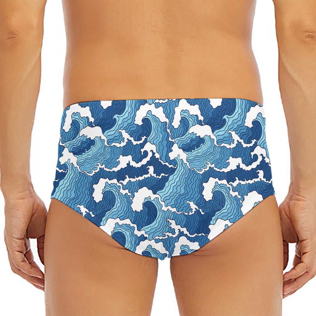 Blue Japanese Wave Pattern Print Men's Triangle Swim Briefs