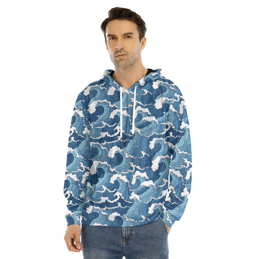 Blue Japanese Wave Pattern Print Men's Velvet Pullover Hoodie