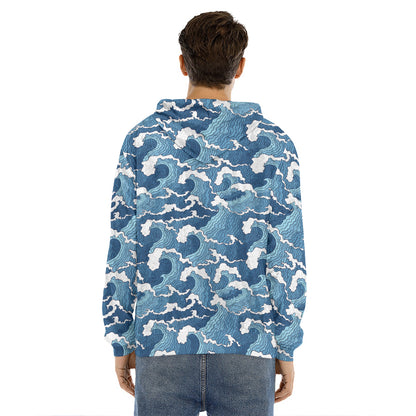 Blue Japanese Wave Pattern Print Men's Velvet Pullover Hoodie