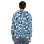 Blue Japanese Wave Pattern Print Men's Velvet Pullover Hoodie