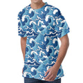 Blue Japanese Wave Pattern Print Men's Velvet T-Shirt