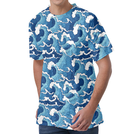 Blue Japanese Wave Pattern Print Men's Velvet T-Shirt