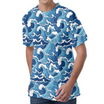 Blue Japanese Wave Pattern Print Men's Velvet T-Shirt