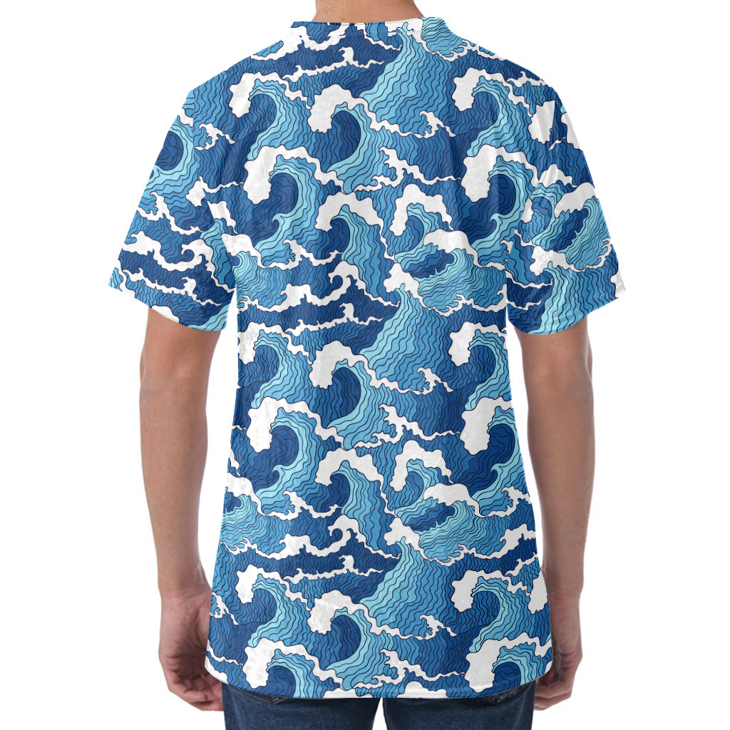 Blue Japanese Wave Pattern Print Men's Velvet T-Shirt