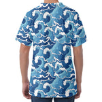 Blue Japanese Wave Pattern Print Men's Velvet T-Shirt