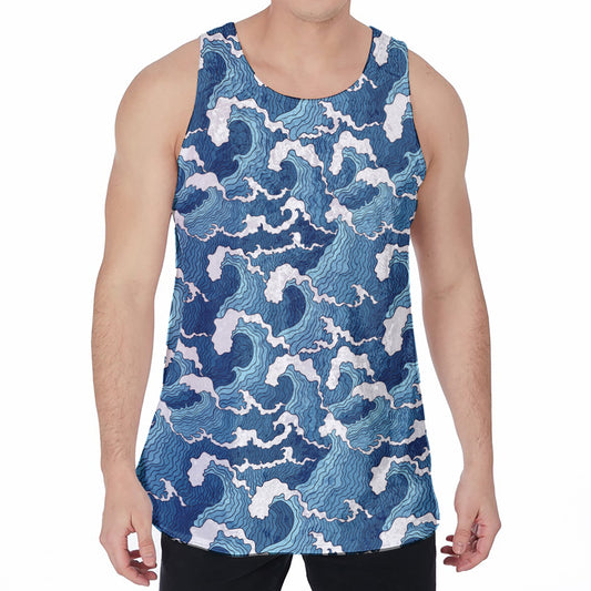 Blue Japanese Wave Pattern Print Men's Velvet Tank Top