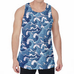 Blue Japanese Wave Pattern Print Men's Velvet Tank Top