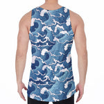 Blue Japanese Wave Pattern Print Men's Velvet Tank Top