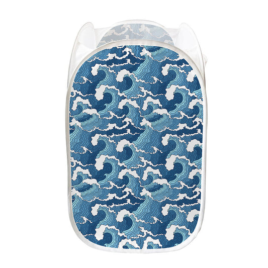 Blue Japanese Wave Pattern Print Mesh Laundry Hamper