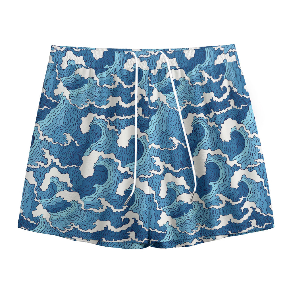 Blue Japanese Wave Pattern Print Mesh Shorts