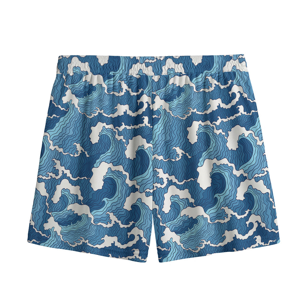 Blue Japanese Wave Pattern Print Mesh Shorts